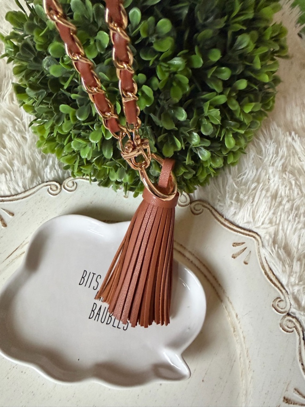 Brown Faux Leather Tassel Keychain with Gold Chain - Picture 3 of 7